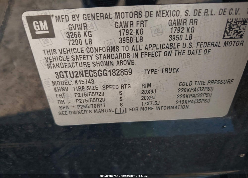 2016 GMC SIERRA 1500 VIN: 3GTU2NEC5GG182859