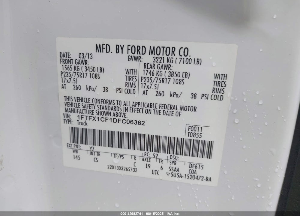 2013 FORD F-150 VIN: 1FTFX1CF1DFC06362