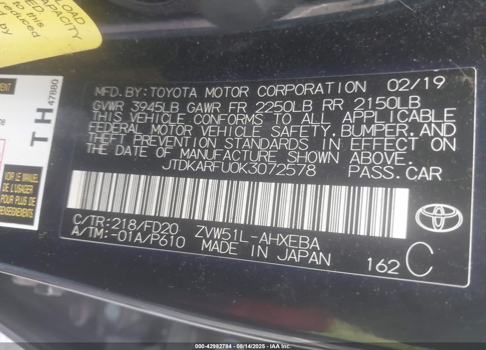 2019 TOYOTA PRIUS VIN: JTDKARFU0K3072578