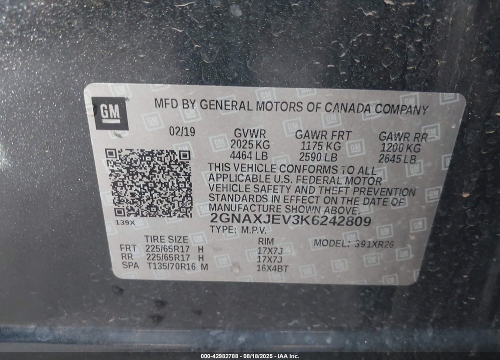 2019 CHEVROLET EQUINOX VIN: 2GNAXJEV3K6242809