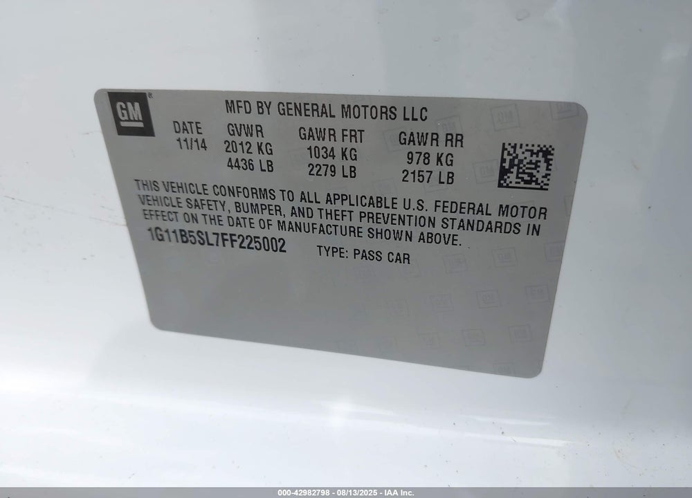 2015 CHEVROLET MALIBU VIN: 1G11B5SL7FF225002