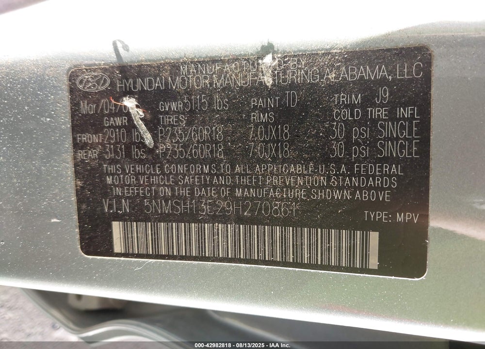 2009 HYUNDAI SANTA FE VIN: 5NMSH13E29H270861