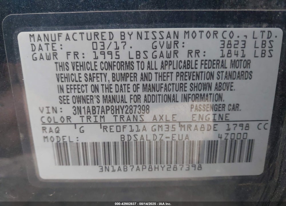 2017 NISSAN SENTRA VIN: 3N1AB7AP8HY287398