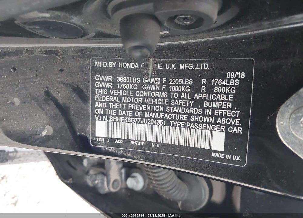 2018 HONDA CIVIC VIN: SHHFK8G77JU204351