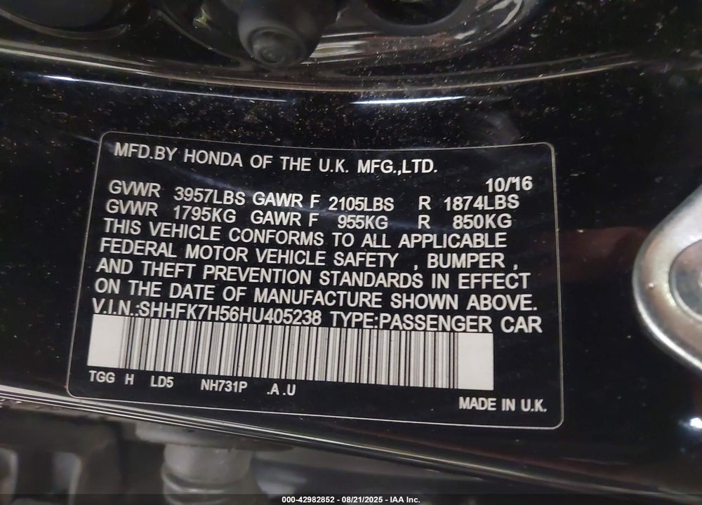 2017 HONDA CIVIC VIN: SHHFK7H56HU405238