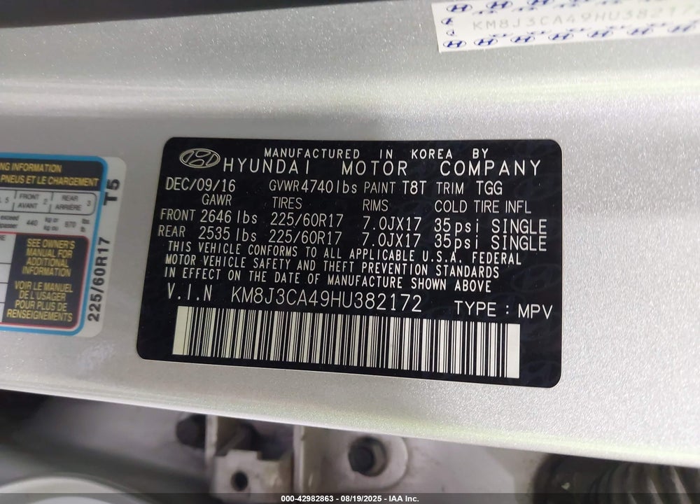 2017 HYUNDAI TUCSON VIN: KM8J3CA49HU382172