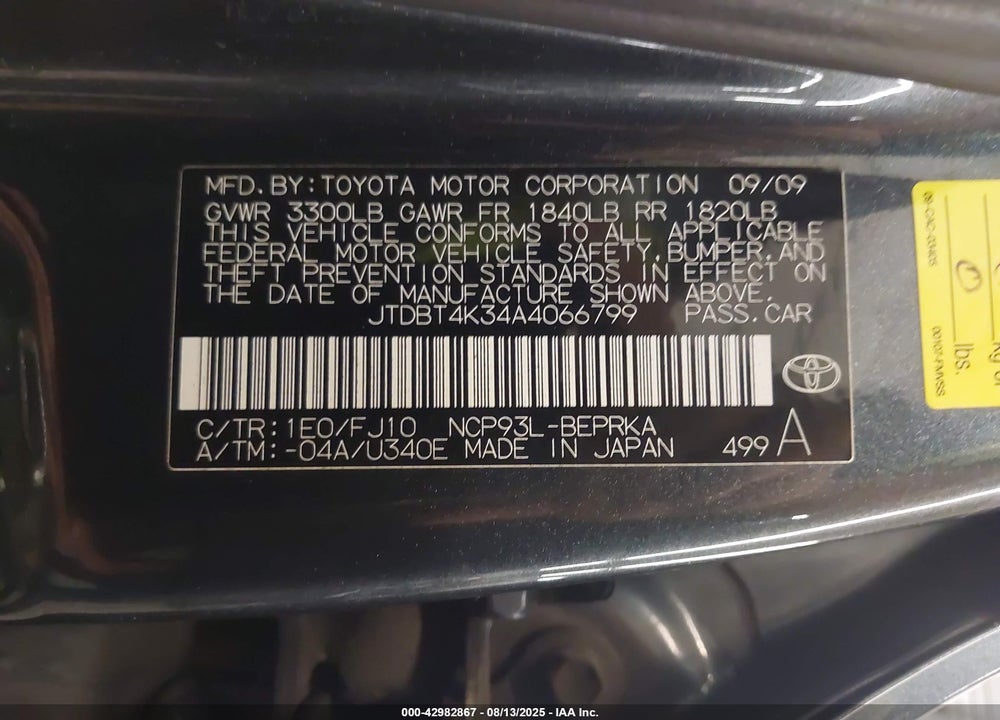 2010 TOYOTA YARIS VIN: JTDBT4K34A4066799
