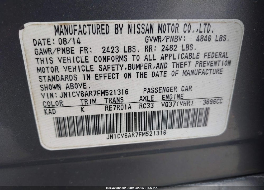 2015 INFINITI Q40 VIN: JN1CV6AR7FM521316