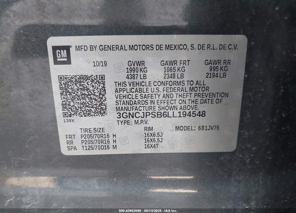 2020 CHEVROLET TRAX VIN: 3GNCJPSB6LL194548