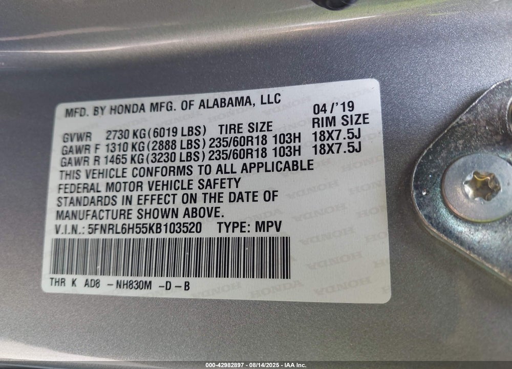 2019 HONDA ODYSSEY EX VIN: 5FNRL6H55KB103520