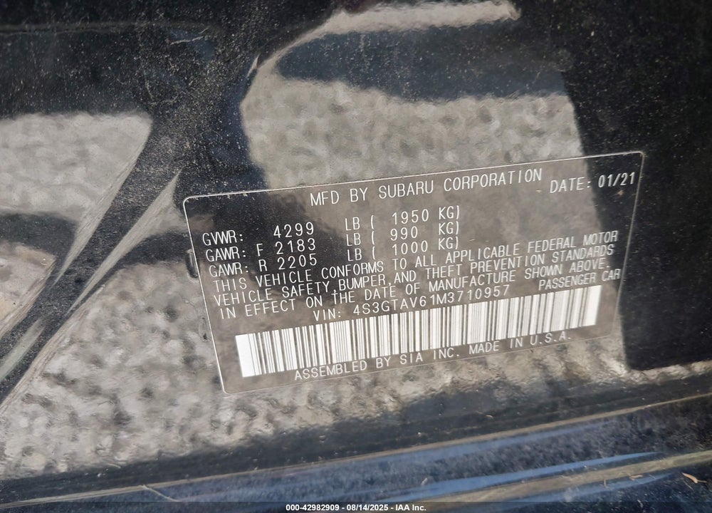 2021 SUBARU IMPREZA VIN: 4S3GTAV61M3710957