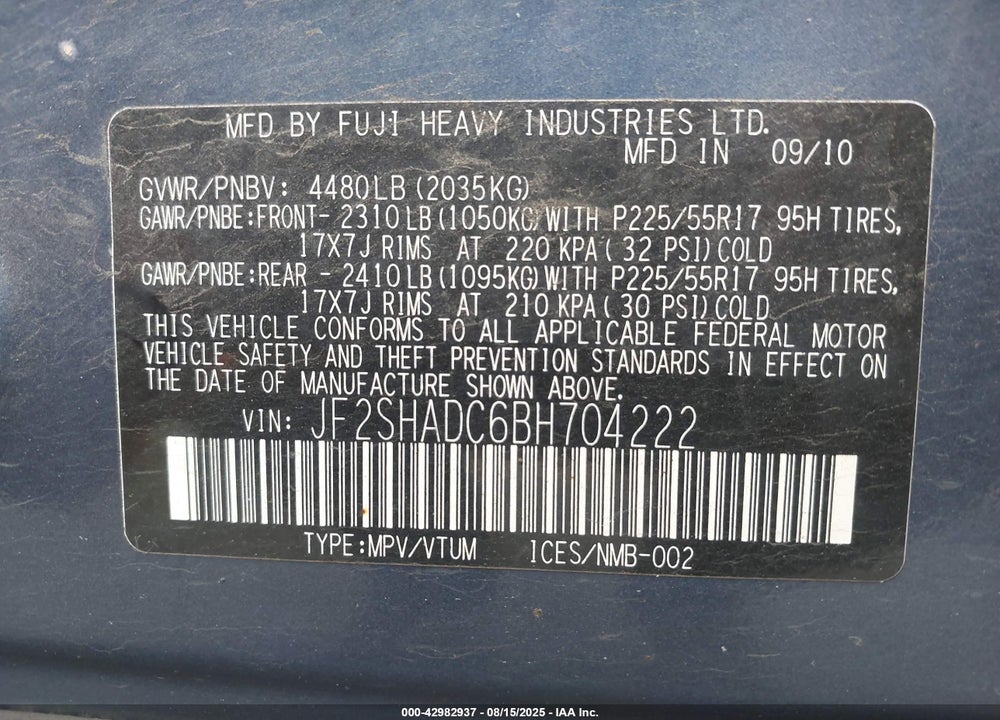 2011 SUBARU FORESTER VIN: JF2SHADC6BH704222