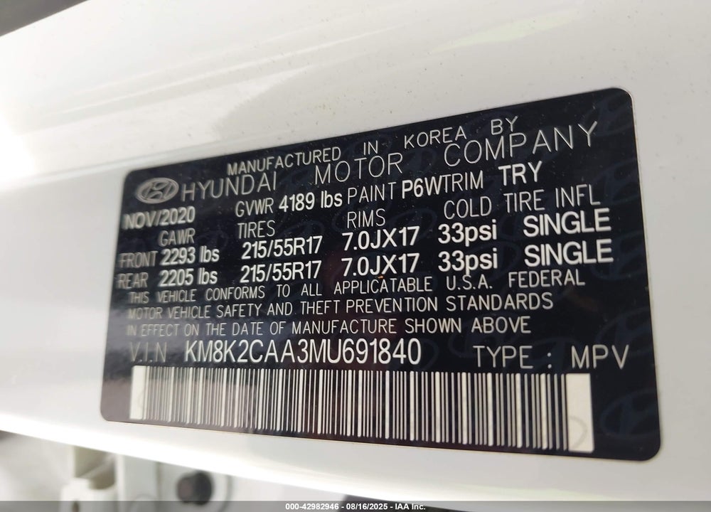 2021 HYUNDAI KONA VIN: KM8K2CAA3MU691840