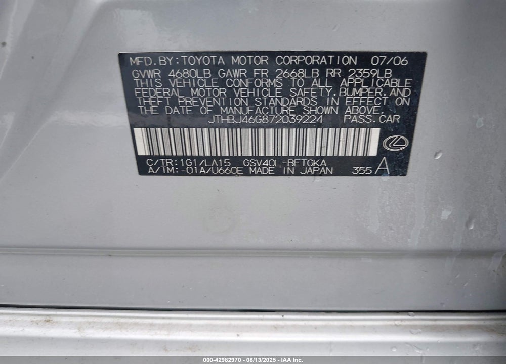2007 LEXUS ES 350 VIN: JTHBJ46G872039224