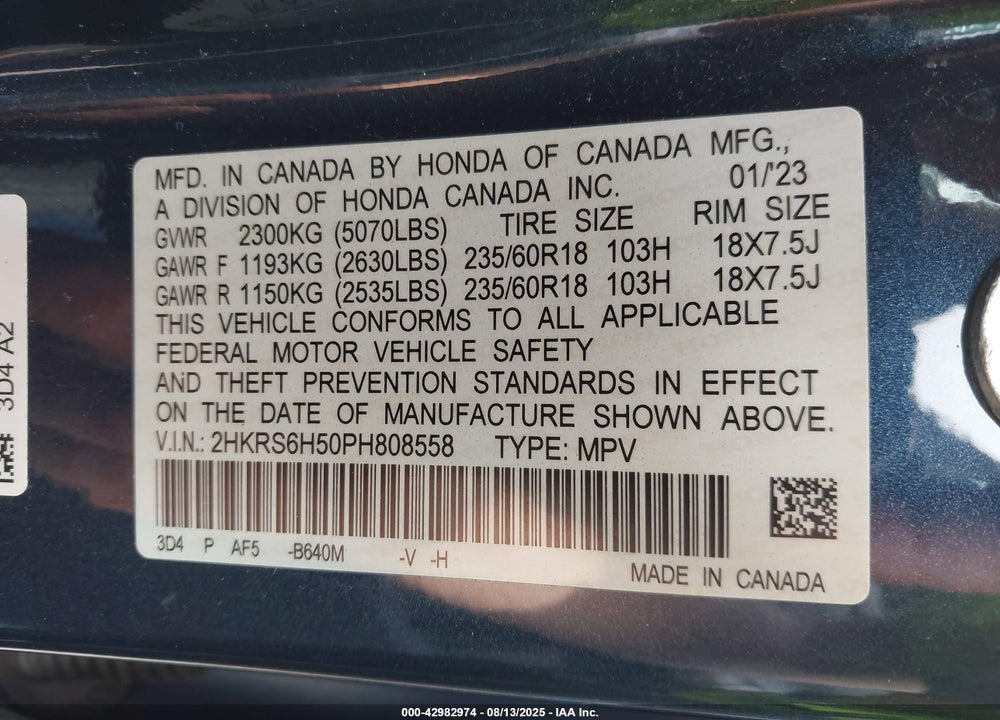 2023 HONDA CR-V VIN: 2HKRS6H50PH808558