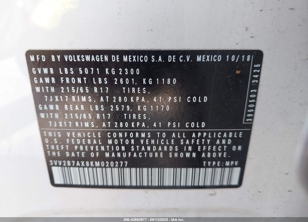 2019 VOLKSWAGEN TIGUAN VIN: 3VV2B7AX8KM020277