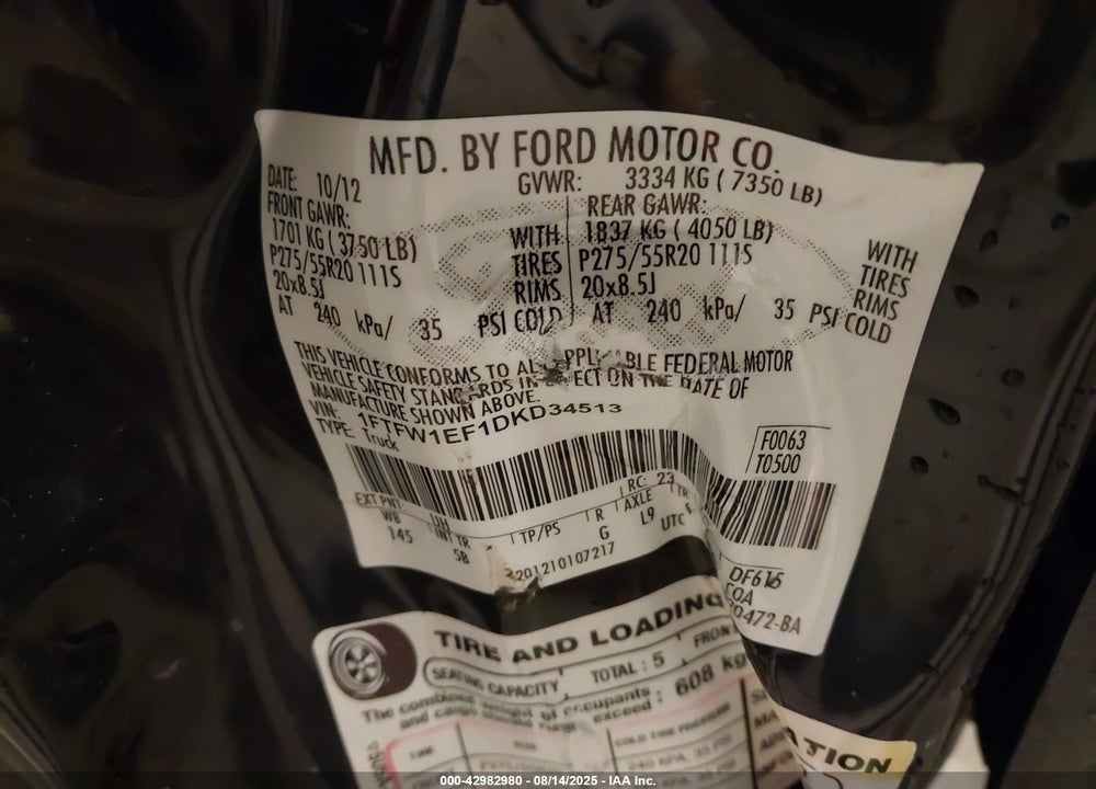 2013 FORD F-150 VIN: 1FTFW1EF1DKD34513
