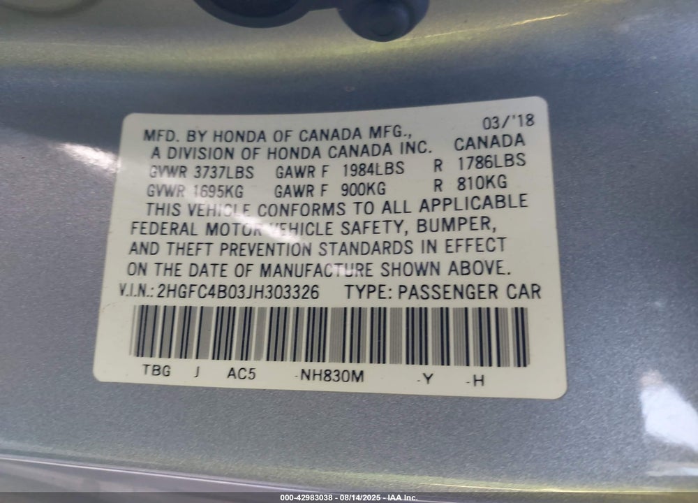 2018 HONDA CIVIC LX-P VIN: 2HGFC4B03JH303326