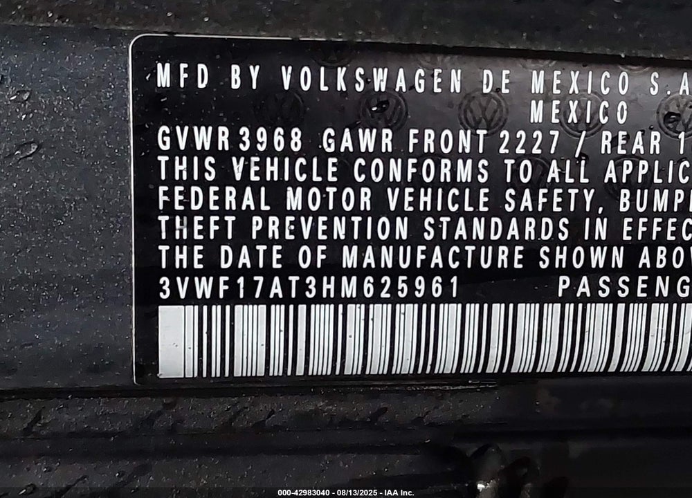 2017 VOLKSWAGEN BEETLE VIN: 3VWF17AT3HM625961