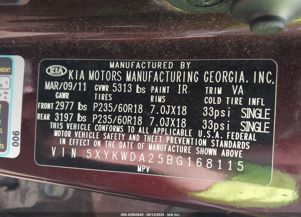 2011 KIA SORENTO VIN: 5XYKWDA25BG168115