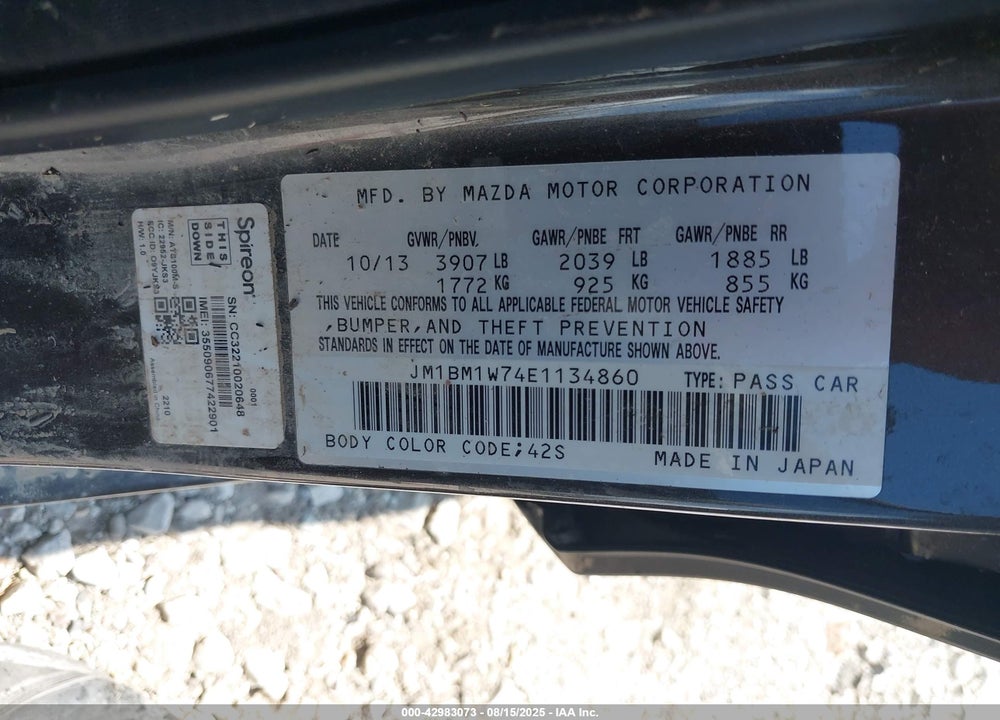 2014 MAZDA 3 VIN: JM1BM1W74E1134860