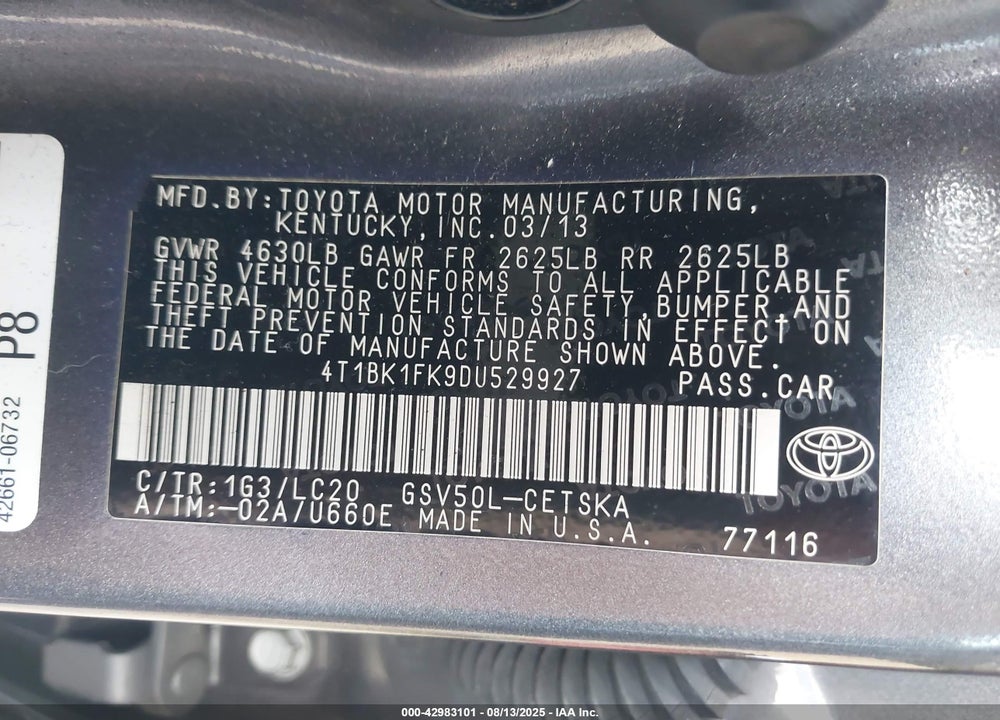 2013 TOYOTA CAMRY VIN: 4T1BK1FK9DU529927