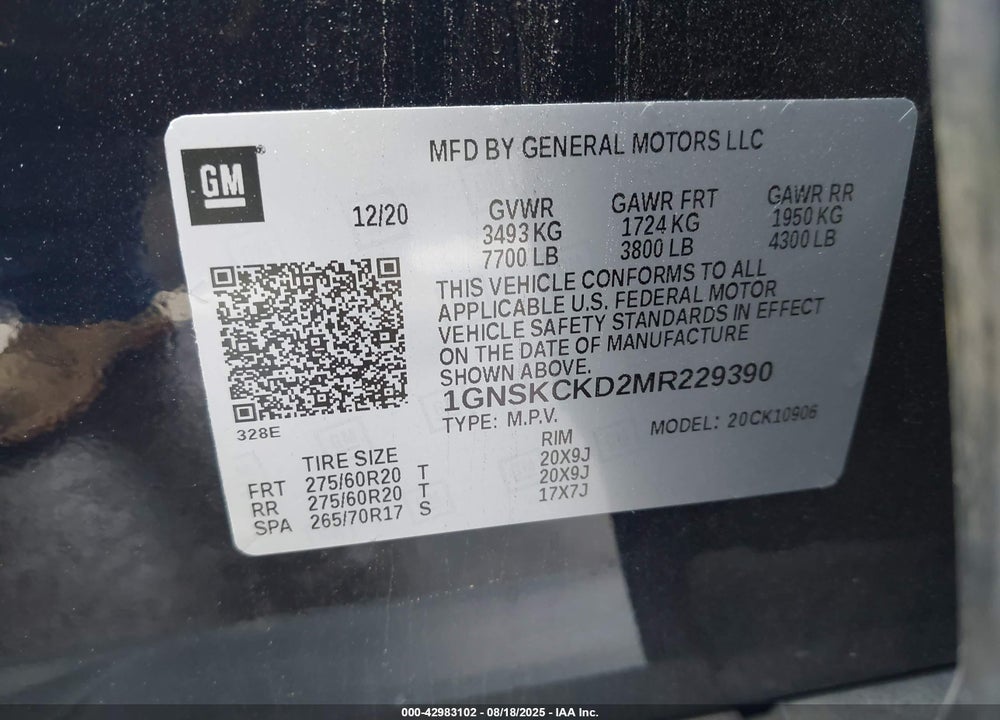 2021 CHEVROLET SUBURBAN 4WD LT VIN: 1GNSKCKD2MR229390