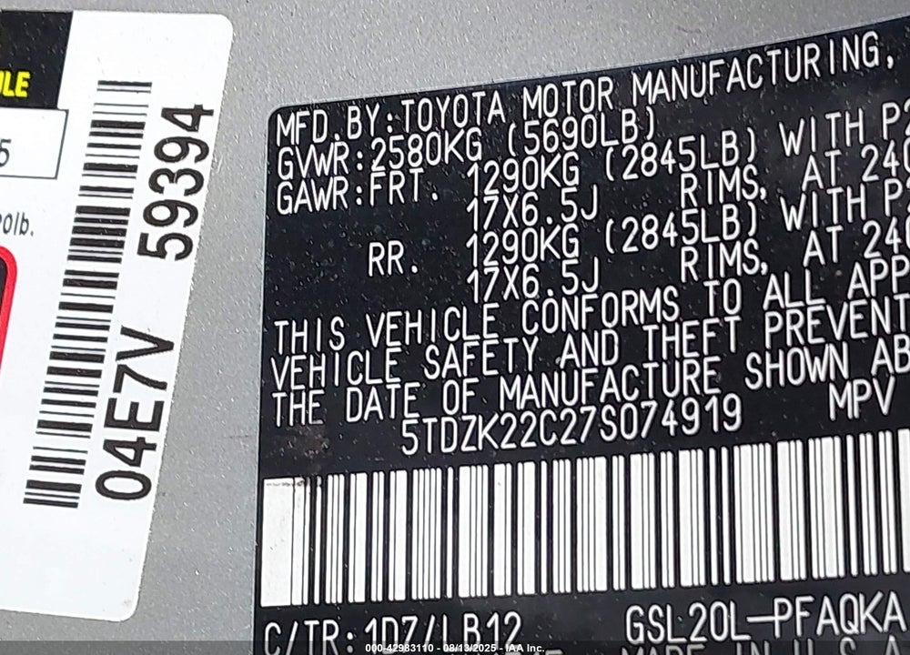 2007 TOYOTA SIENNA XLE VIN: 5TDZK22C27S074919