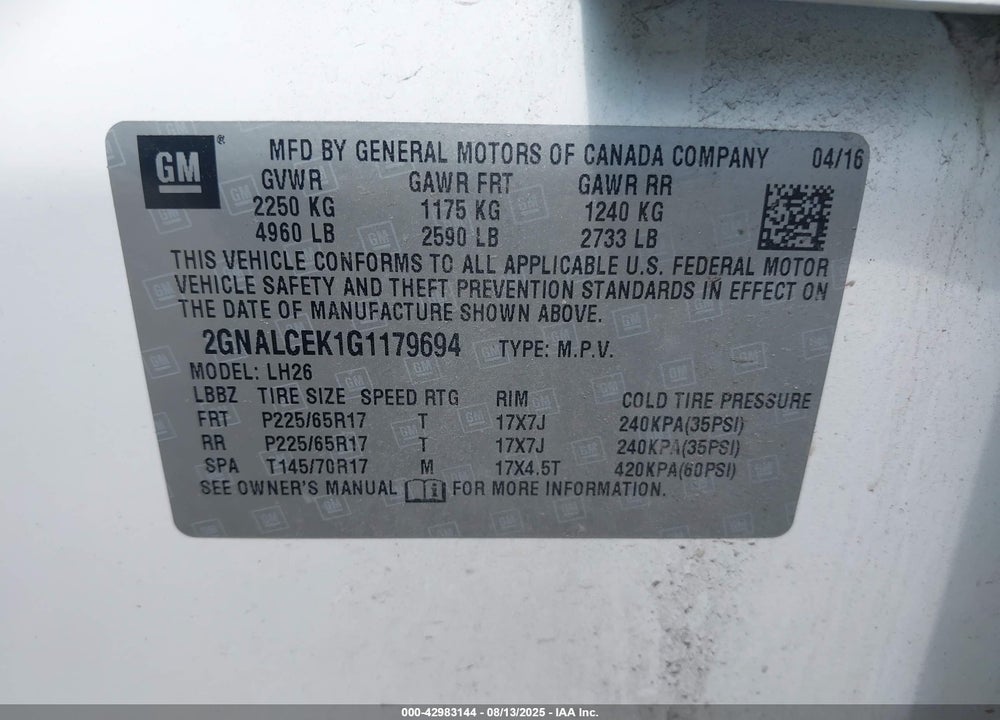 2016 CHEVROLET EQUINOX VIN: 2GNALCEK1G1179694