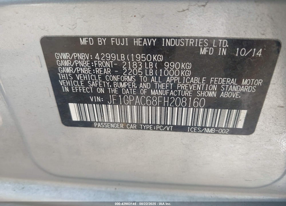 2015 SUBARU IMPREZA VIN: JF1GPAC68FH208160