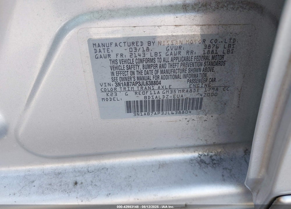 2018 NISSAN SENTRA VIN: 3N1AB7AP3JL638804