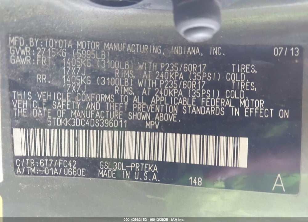 2013 TOYOTA SIENNA LE V6 8 PASSENGER VIN: 5TDKK3DC4DS396011