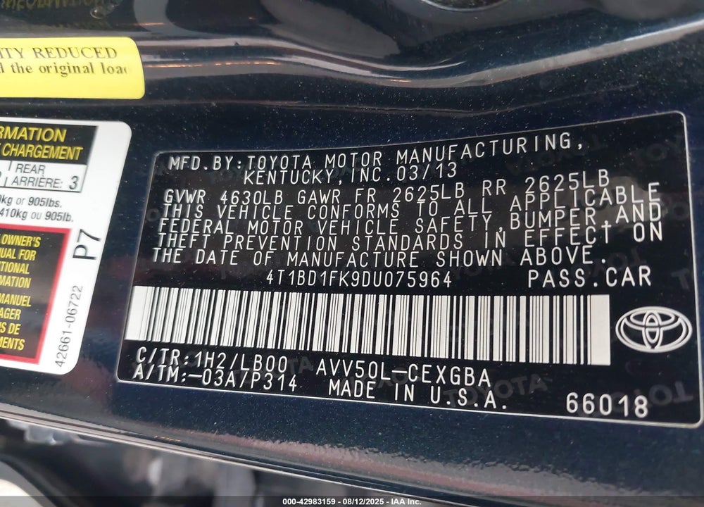 2013 TOYOTA CAMRY HYBRID VIN: 4T1BD1FK9DU075964