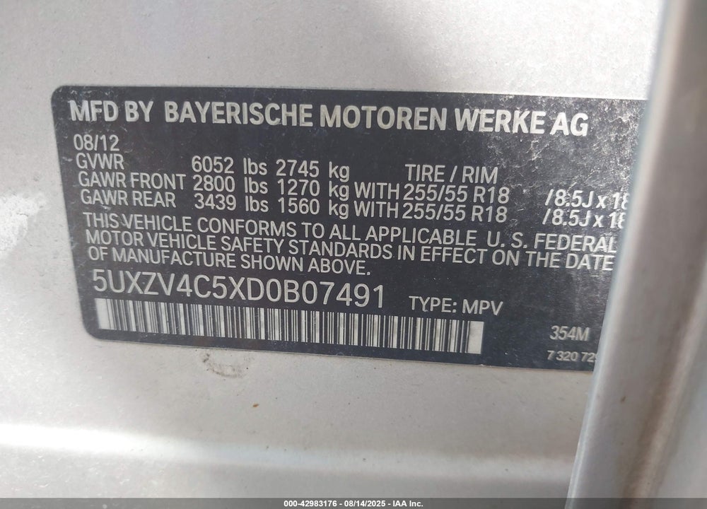 2013 BMW X5 VIN: 5UXZV4C5XD0B07491