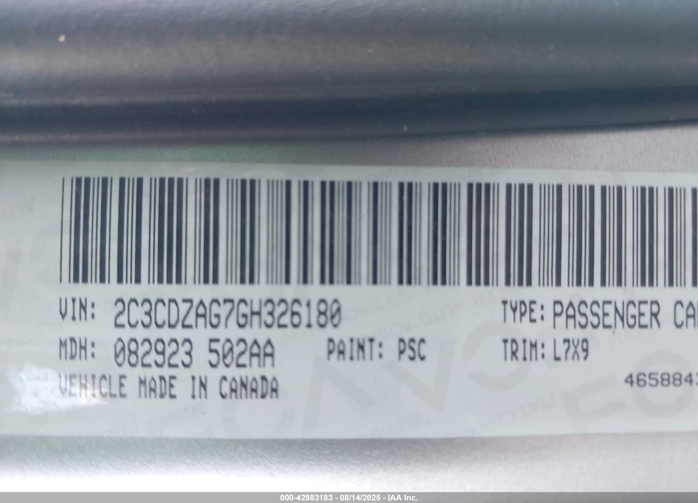 2016 DODGE CHALLENGER VIN: 2C3CDZAG7GH326180
