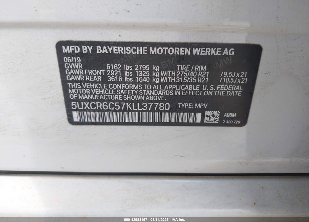 2019 BMW X5 XDRIVE40I VIN: 5UXCR6C57KLL37780