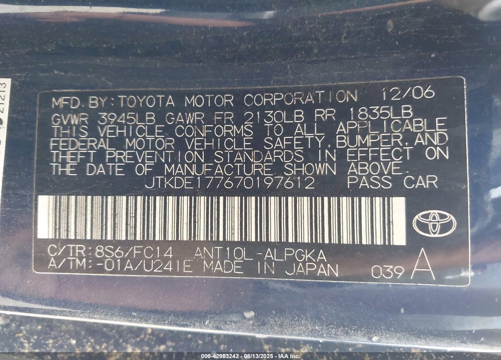 2007 TOYOTA SCION VIN: JTKDE177670197612