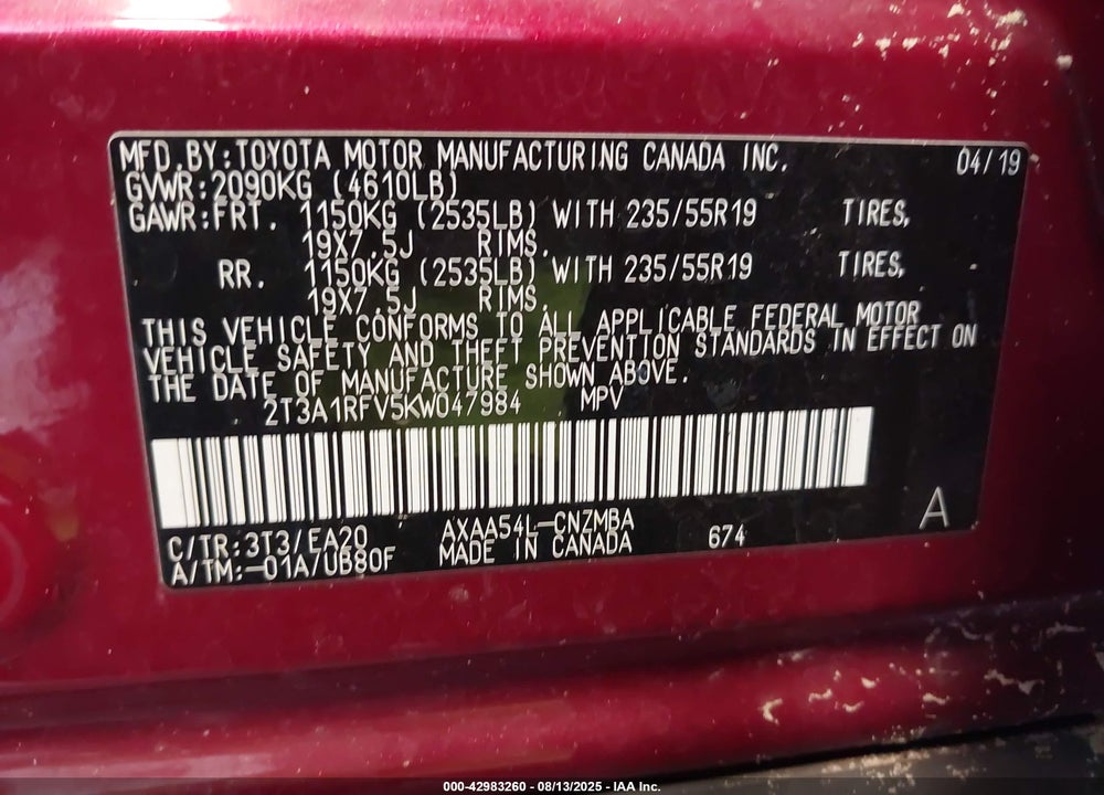 2019 TOYOTA RAV4 VIN: 2T3A1RFV5KW047984