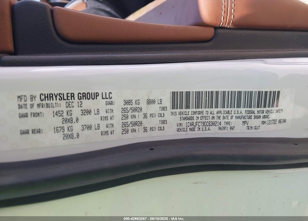 2013 JEEP GRAND CHEROKEE VIN: 1C4RJFCT9DC630214