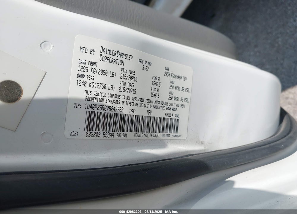 2007 DODGE CARAVAN SE VIN: 1D4GP25R67B247702
