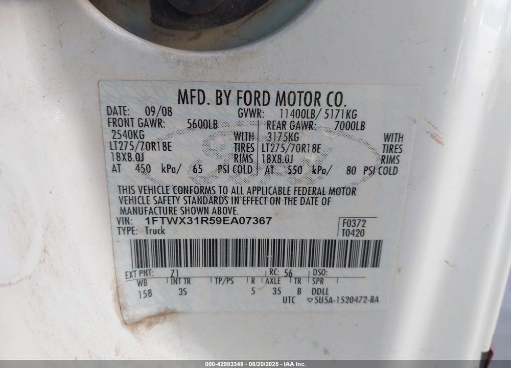 2009 FORD F-350 FX4/LARIAT/XL/XLT VIN: 1FTWX31R59EA07367