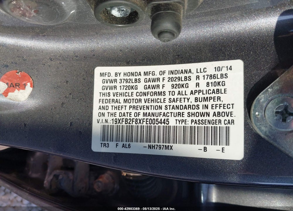 2015 HONDA CIVIC VIN: 19XFB2F8XFE005445