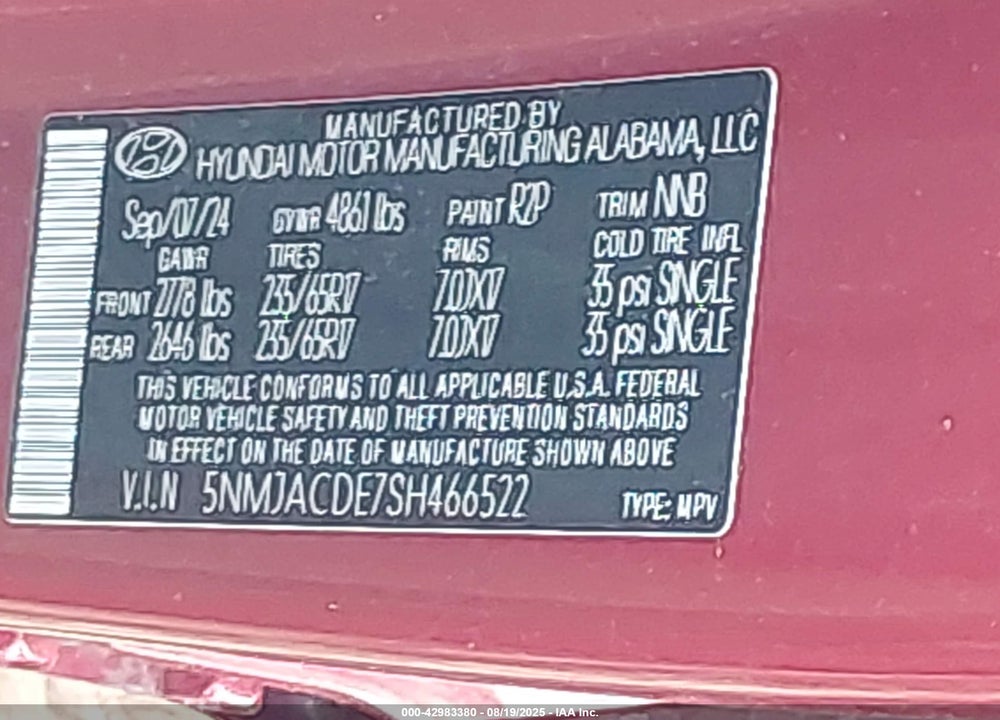 2025 HYUNDAI TUCSON VIN: 5NMJACDE7SH466522