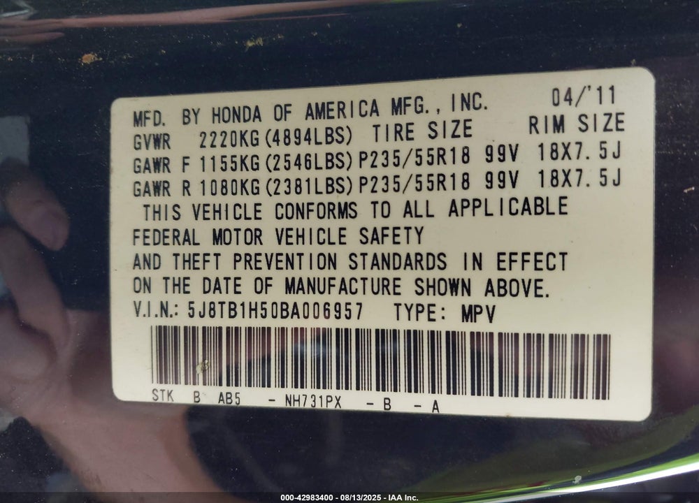 2011 ACURA RDX VIN: 5J8TB1H50BA006957