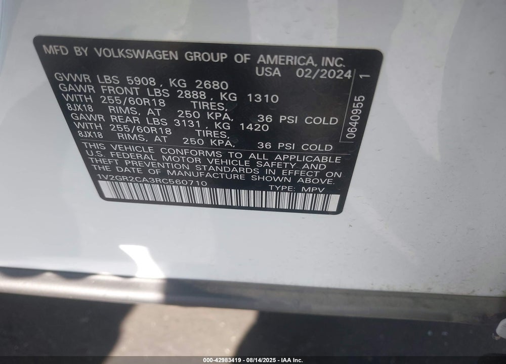 2024 VOLKSWAGEN ATLAS VIN: 1V2GR2CA3RC560710