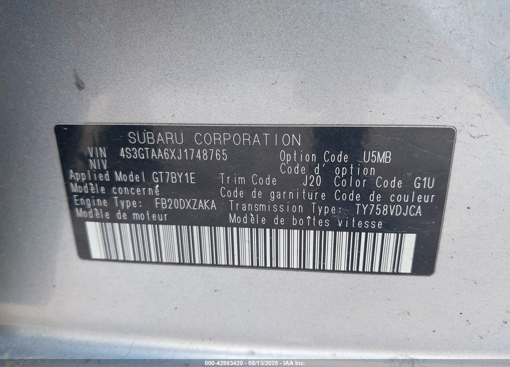 2018 SUBARU IMPREZA VIN: 4S3GTAA6XJ1748765