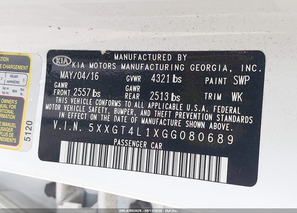 2016 KIA OPTIMA VIN: 5XXGT4L1XGG080689