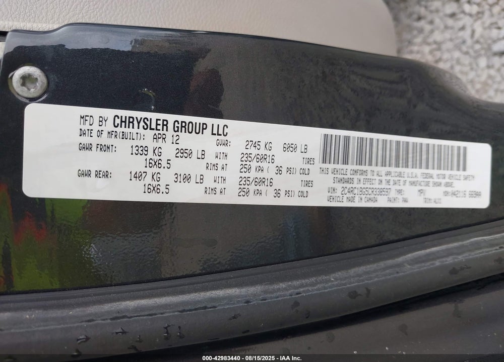 2012 CHRYSLER TOWN & COUNTRY TOURING VIN: 2C4RC1BG5CR338597