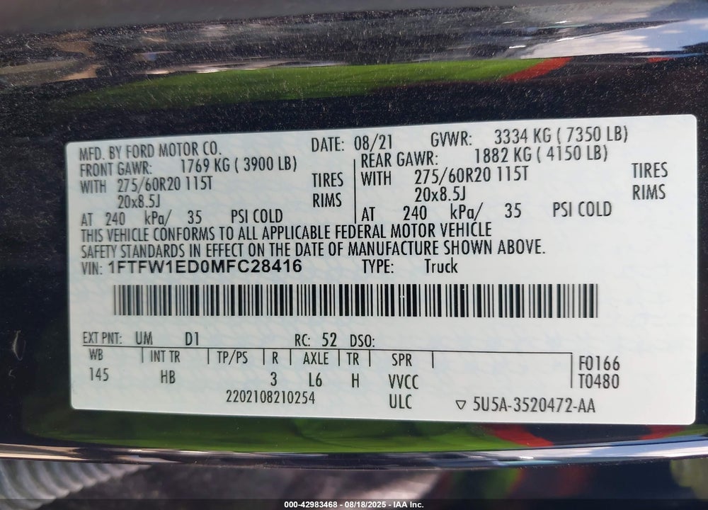 2021 FORD F-150 VIN: 1FTFW1ED0MFC28416