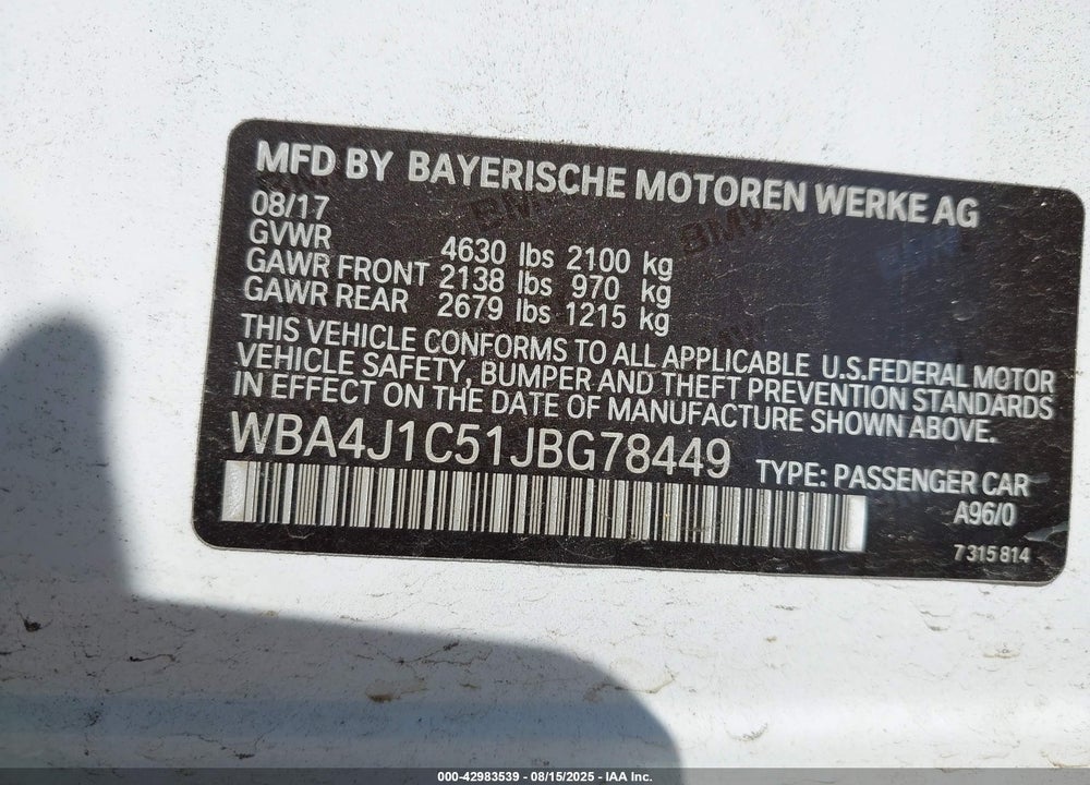 2018 BMW 4 SERIES VIN: WBA4J1C51JBG78449